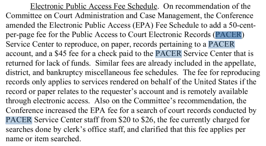 Screenshot of PACER fee changes